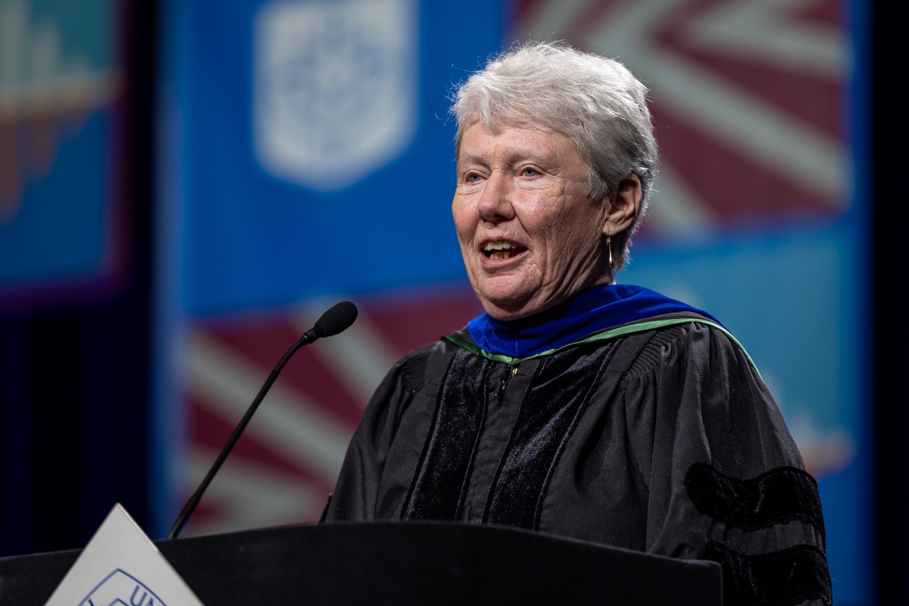 Dr. Maria Klawe, president of Harvey Mudd College, addressed the graduates at The Theatre School and the Jarvis College of Computing and Digital Media commencement ceremony.